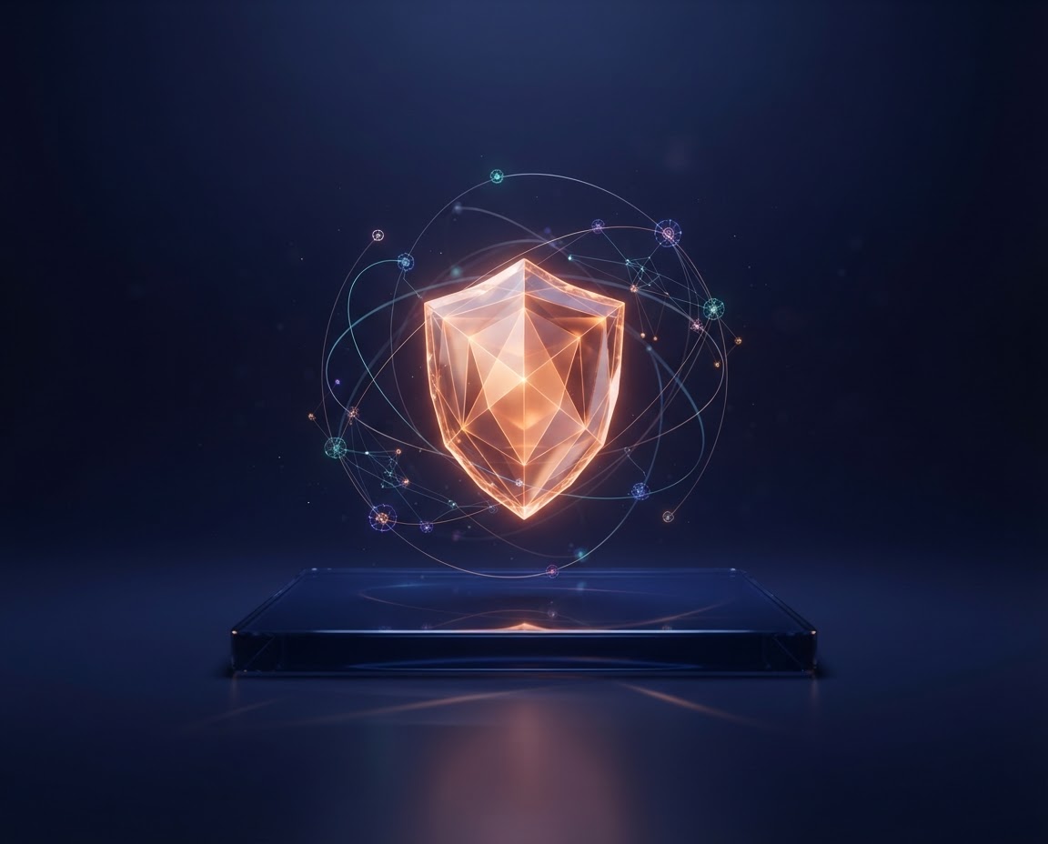 Glowing amber shield surrounded by abstract blockchain connections