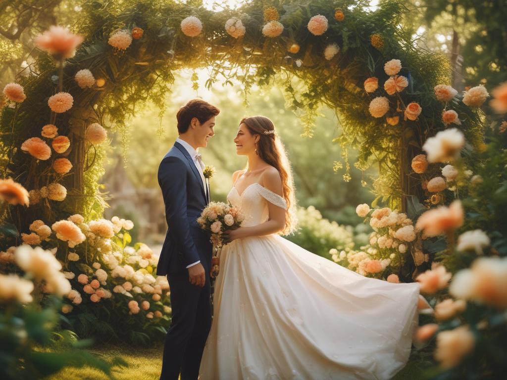 A serene wedding scene featuring a bride and groom sharing