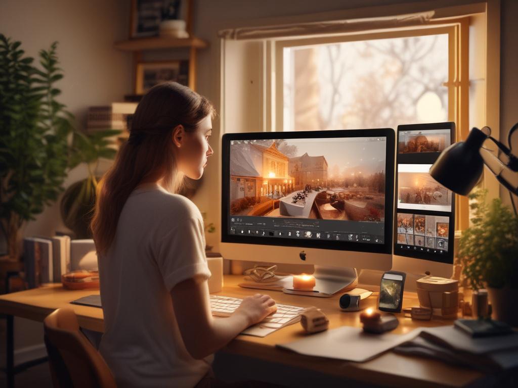 A professional video editor at work, focused on a computer