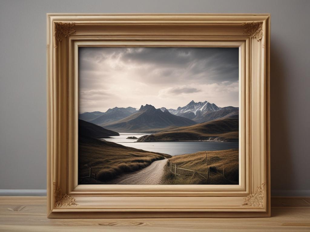 Create a hyper-realistic close-up shot of a beautifully designed photo frame showcasing a picturesque landscape photograph. The frame should have intricate detailing, with a wooden texture and a polished finish. The background should be softly blurred to emphasize the photo frame and the photograph within it, using a natural light setting. Ensure the primary color of the image aligns with rgb(50, 170, 39). The composition should be simple and clear, focusing solely on the frame and its content.