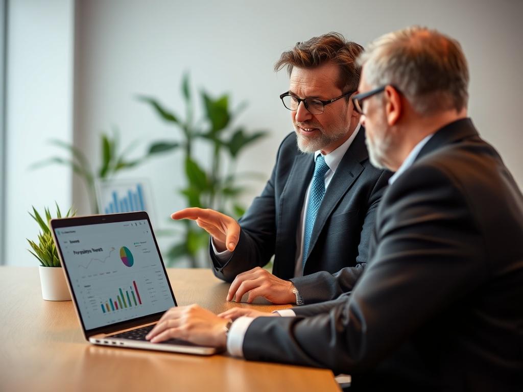 A close-up shot of a confident investment advisor interacting with a client in a modern office environment. The advisor is pointing at a property investment chart displayed on a laptop screen, showcasing graphs and market trends. The background is softly blurred, emphasizing the professional interaction. The color palette includes warm tones, aligning with an inviting atmosphere, and incorporating the primary color rgb(193, 153, 87). The image captures the essence of guidance and expertise in property inves