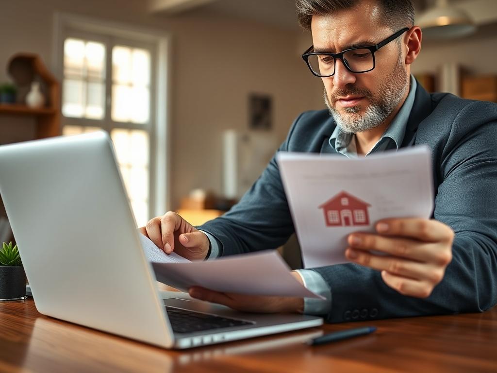 A close-up shot of a confident real estate investor reviewing property documents with a laptop open on a wooden desk. The background features a warm and inviting office space with natural light streaming in. The focus is on the investor's engaged expression, reflecting determination and clarity in their investment strategy.