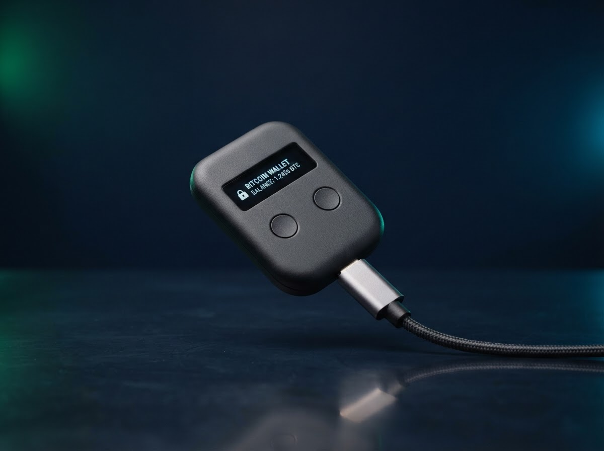 Unbranded charcoal hardware wallet with display and buttons, shown fully against a deep navy studio background