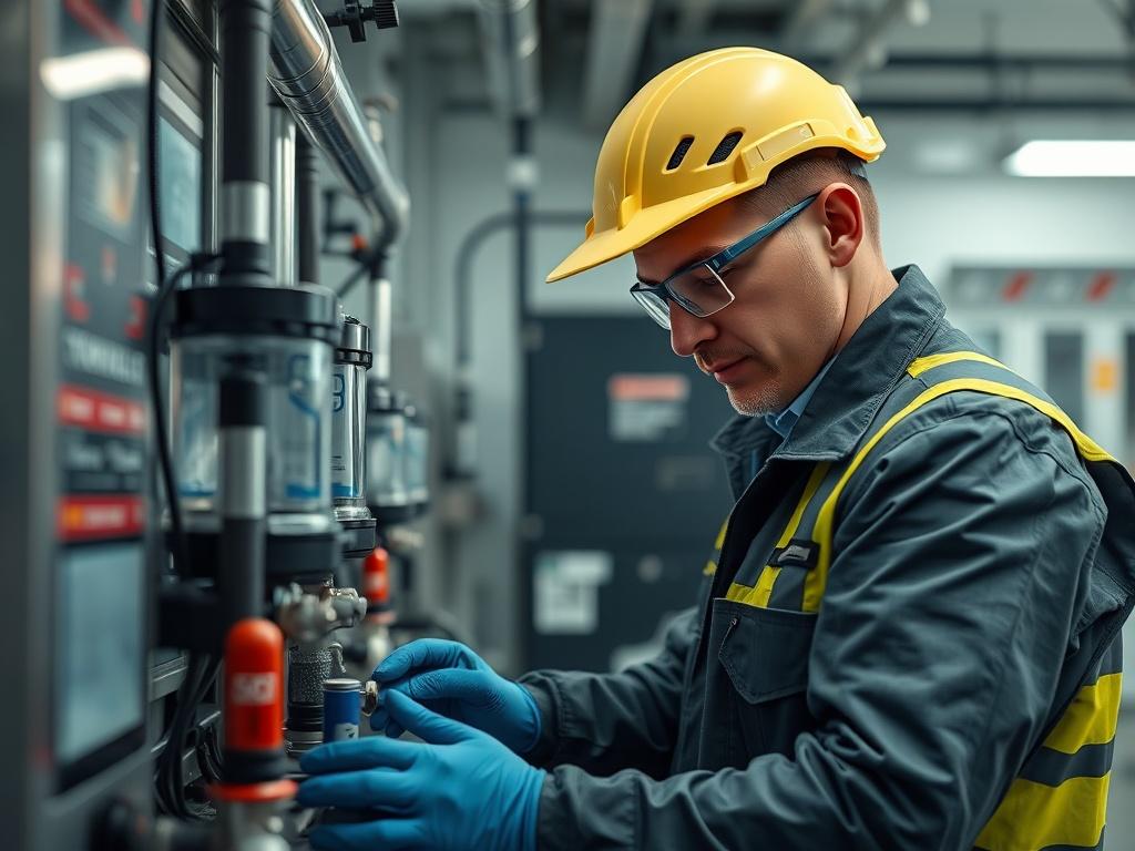 A hyper-realistic close-up shot of a skilled technician performing maintenance on a reverse osmosis (RO) water system in a modern car wash environment. The technician, wearing safety gear, is focused on inspecting and adjusting the system's components, surrounded by tools and water treatment equipment, with a clean and organized backdrop. The lighting highlights the intricate details of the RO system, emphasizing the importance of proper maintenance for optimal performance.