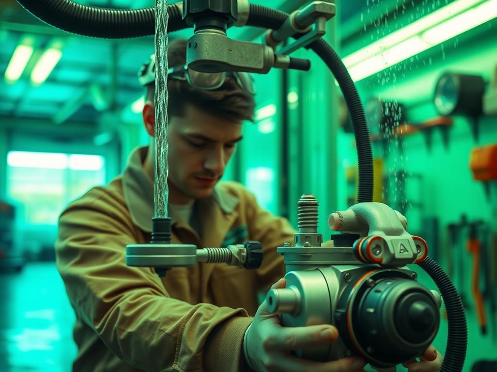 A close up view of a technician replacing a pump