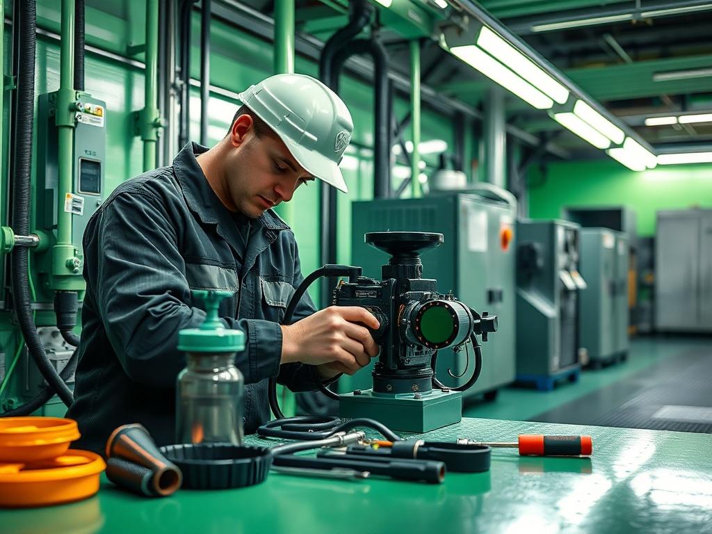 A technician performing preventive maintenance on a water treatment system