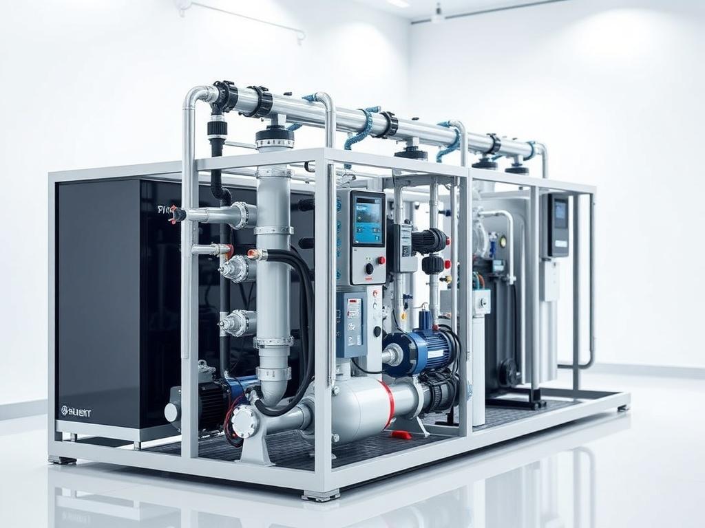 A close-up shot of a modern water treatment system designed for car wash facilities. The system should be prominently featured in a well-lit environment, showcasing its intricate components such as reverse osmosis membranes, pumps, and filtration units. The background should be simple and clean, emphasizing the advanced technology of the water system. The color palette should harmonize with the primary color rgb(50, 170, 39), creating a fresh and inviting atmosphere.