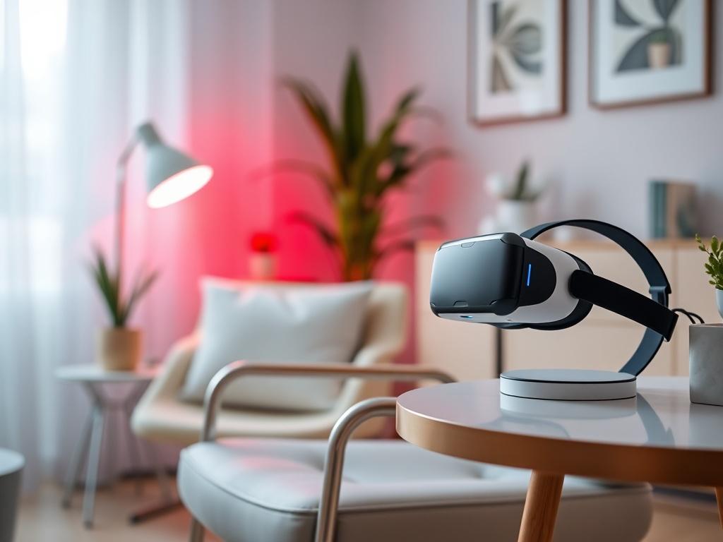 A serene office space with calming colors, featuring a comfortable