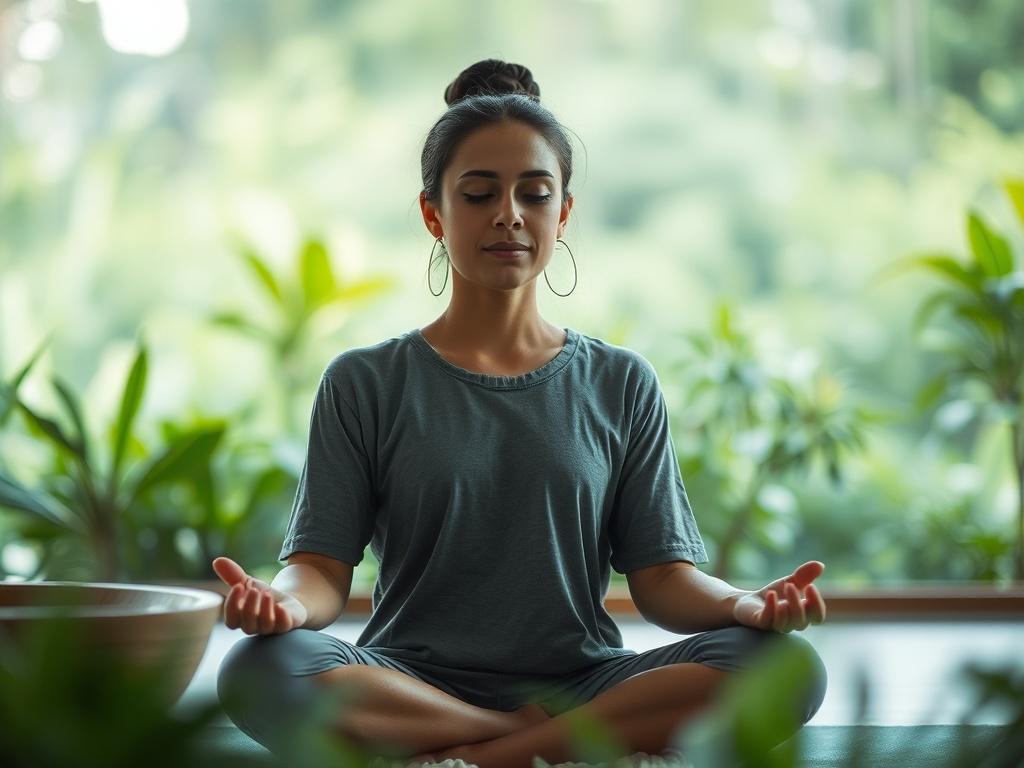 A close up shot of a person meditating peacefully in