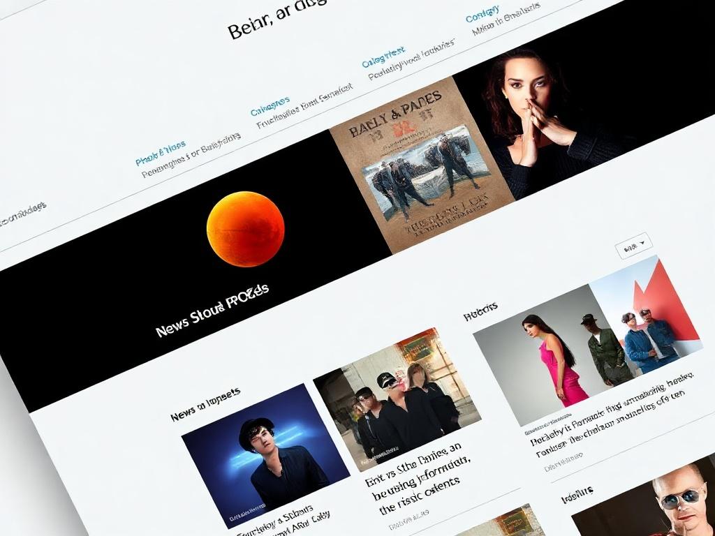 An organized section of a website featuring news updates with a clean layout. Bright visuals of album covers and artist highlights are displayed, with a focus on current events in the music industry, emphasizing a connection to the audience.