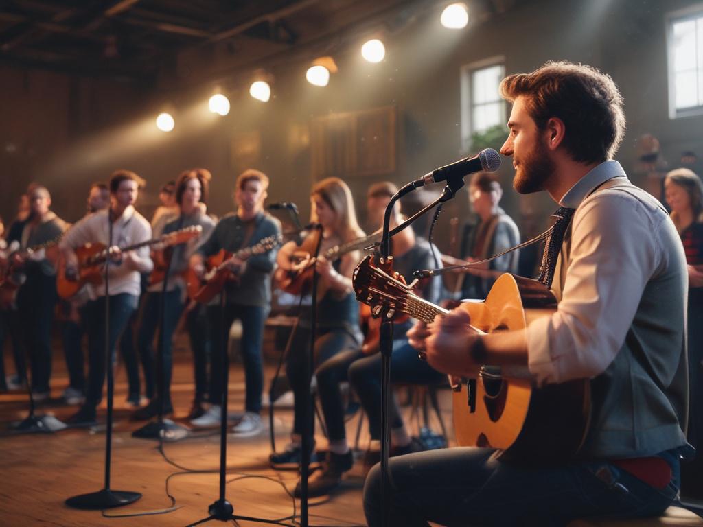 a vibrant worship service scene with skilled musicians performing in a beautifully arranged venue, with warm lighting, capturing the energy of the moment, focus on the musicians and instruments, shot in hyper-realistic style