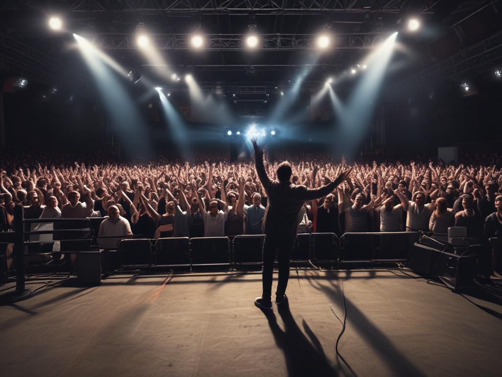a dynamic audio-visual setup in a worship event, focusing on sound and lighting equipment, capturing the excitement and engagement of the audience, shot in hyper-realistic style