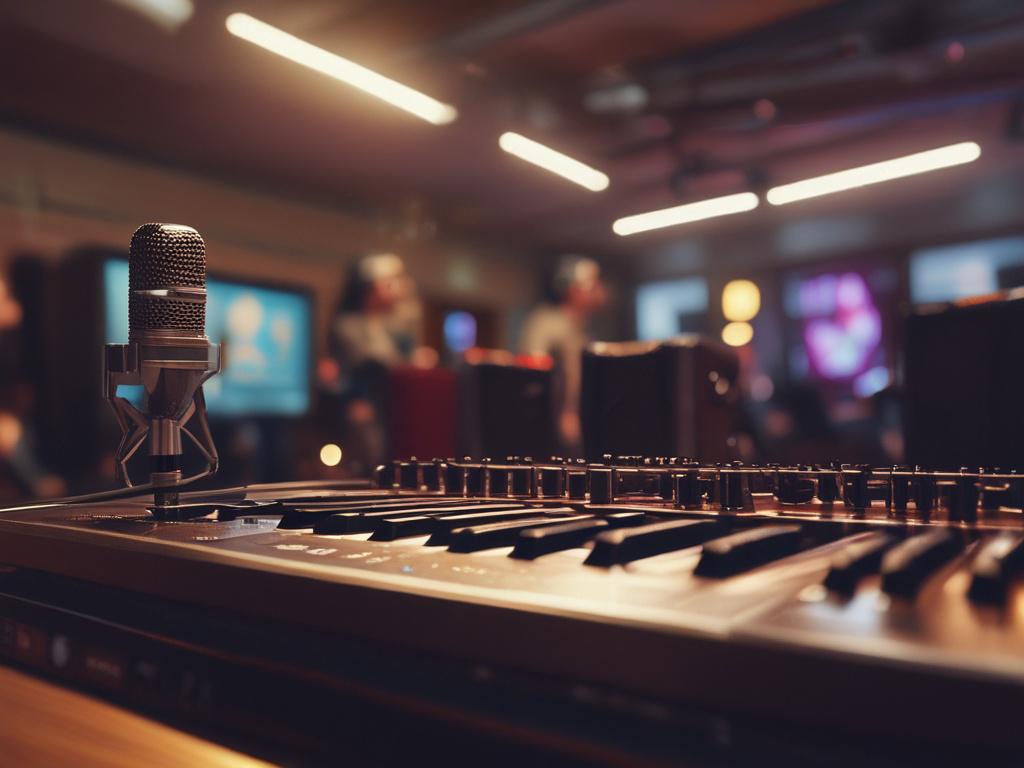 a state-of-the-art recording setup in a vibrant venue with musicians performing, showcasing high-tech audio equipment, warm ambient lighting, capturing the energy of the live performance, shot in hyper-realistic style