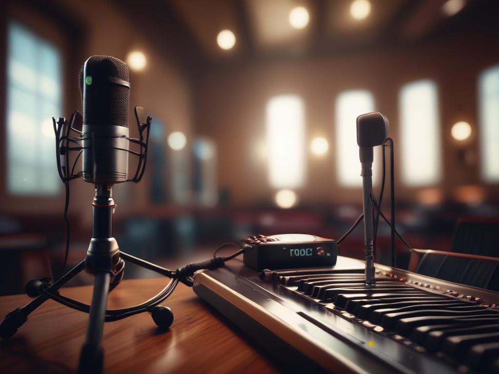 A professional audio recording setup with microphones and sound equipment in a worship environment, focused on the equipment, ambient lighting, high-resolution, realistic photo.