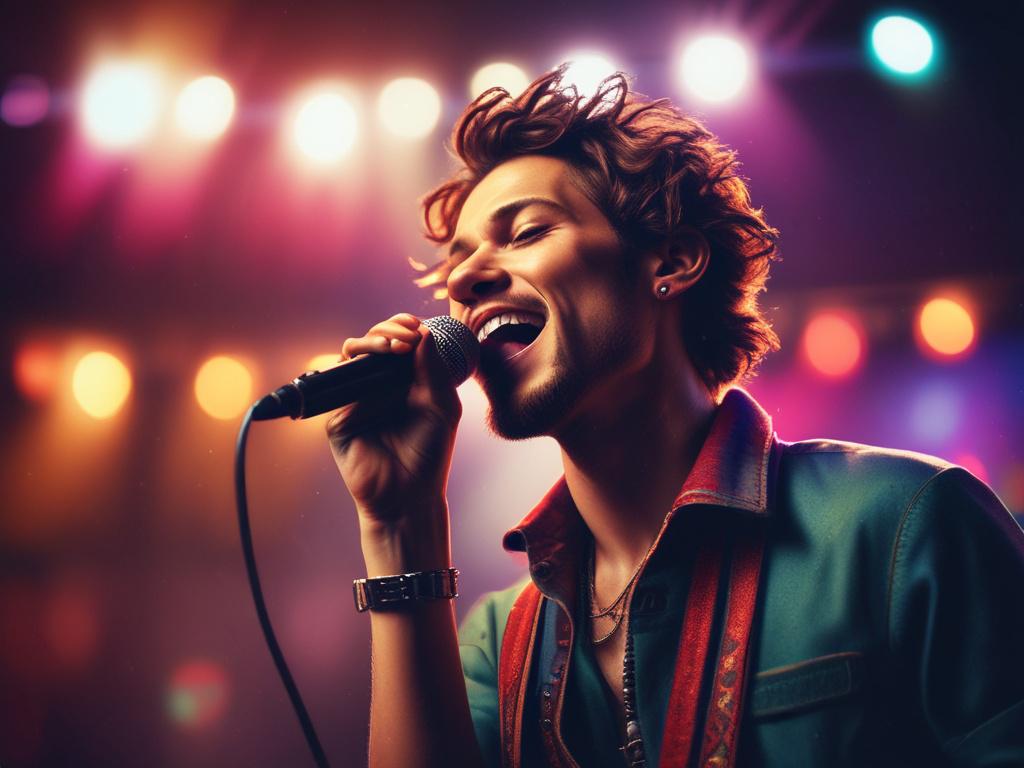 A close-up shot of a musician passionately singing into a microphone on stage, vibrant colors, emotional expression, dramatic lighting, high-resolution, realistic photo.