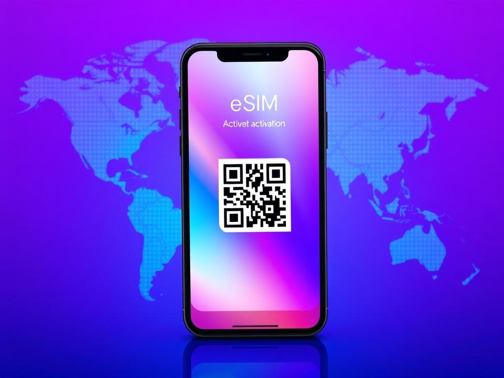 A high-resolution image of a smartphone displaying a vibrant eSIM activation screen with a QR code. The background features a world map subtly integrated, symbolizing global connectivity. Ensure the smartphone is sleek and modern, capturing a sense of innovation. The colors should align with the primary color rgb(29, 198, 181), creating a visually appealing composition.