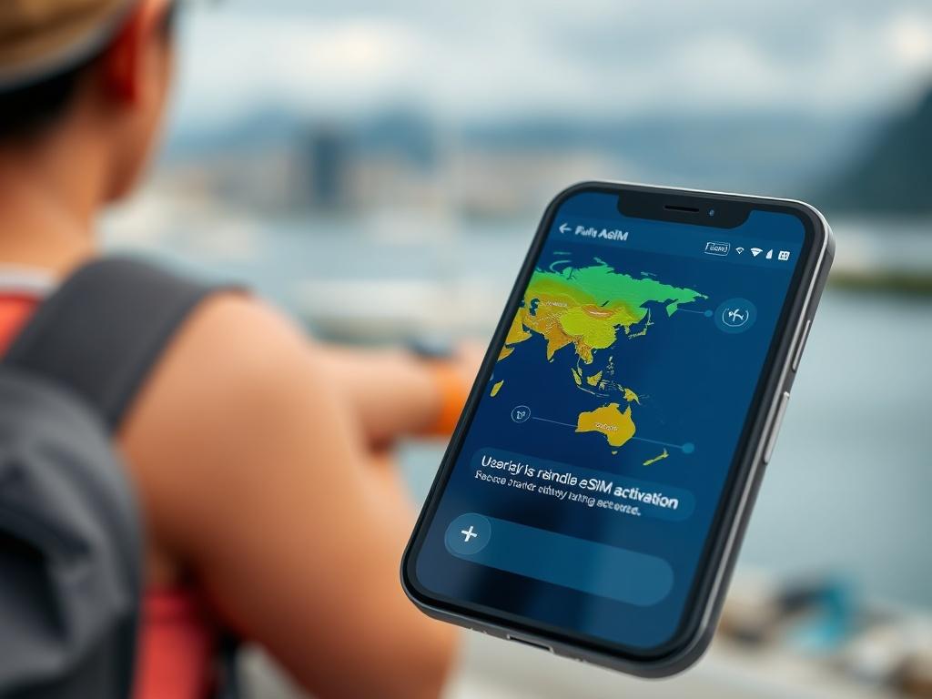A close-up shot of a smartphone displaying a vibrant world map with connectivity symbols, set against a blurred outdoor travel background, shot with a 45mm f/1.2 lens style. The phone screen shows a user-friendly eSIM activation interface, reflecting modern digital connectivity.