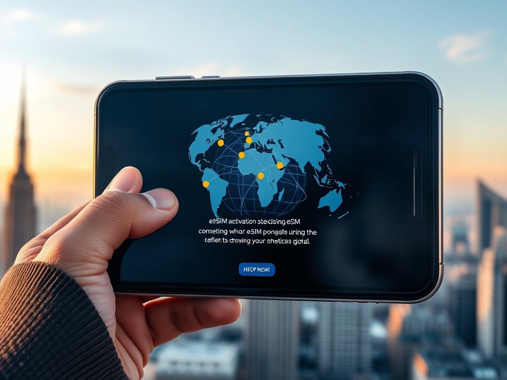 A close-up shot of a smart device showing a globe with highlighted connection points, set against a backdrop of iconic landmarks, shot with a 45mm f/1.2 lens style. The device screen displays eSIM activation steps, emphasizing global connectivity.