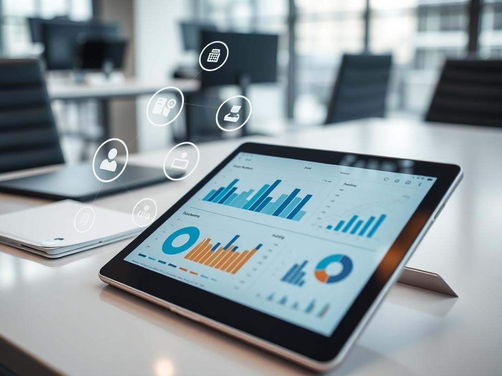 A close-up shot of a tablet on a modern office desk displaying business analytics charts, overlaid with connectivity icons, set against a professional workspace background, captured with a 45mm f/1.2 lens style. The tablet screen showcases the eSIM management interface for businesses.