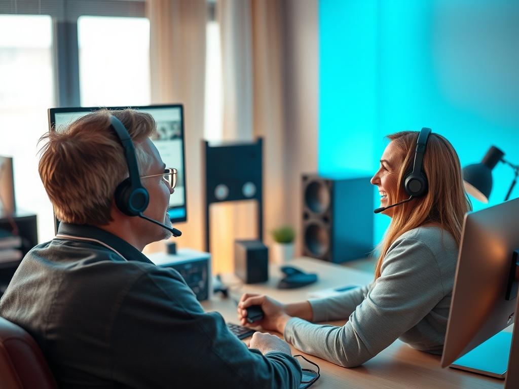A customer on the phone with a support technician, looking relieved as they're guided through troubleshooting steps. The technician is visible on a video call on a computer screen, and the room is well-lit with tech gadgets around. The colors of the scene include rgb(29, 198, 181) to reflect the brand.