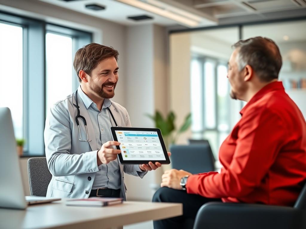 A consultant discussing data plans with a client in a modern office setting. The consultant is showing a tablet with various eSIM plans on display. The atmosphere is professional yet friendly, with natural light streaming through a window. The color theme includes the primary color rgb(29, 198, 181) to create a cohesive look.