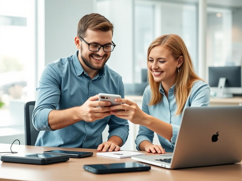 A friendly customer service representative assisting a customer with a smartphone, showing them how to activate an eSIM. The setting is a modern office with tech gadgets on the desk. The representative is smiling, and the customer looks engaged, with a laptop open in the background. The color scheme is vibrant, incorporating the primary color rgb(29, 198, 181).