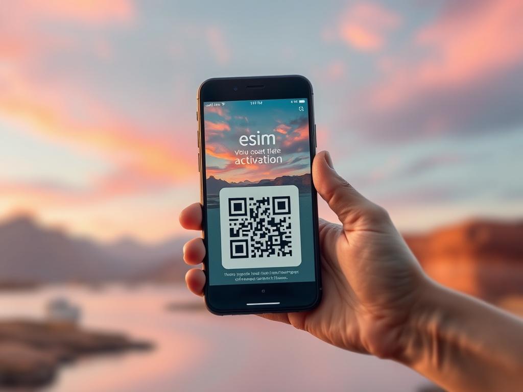 A close-up shot of a smartphone displaying an eSIM activation screen, with a focus on the QR code. The background should be a soft, blurred landscape symbolizing travel, with vibrant colors that reflect a sense of adventure. The image should evoke feelings of connectivity and modern technology, shot in hyper-realistic style, using a 45mm f/1.2 lens.