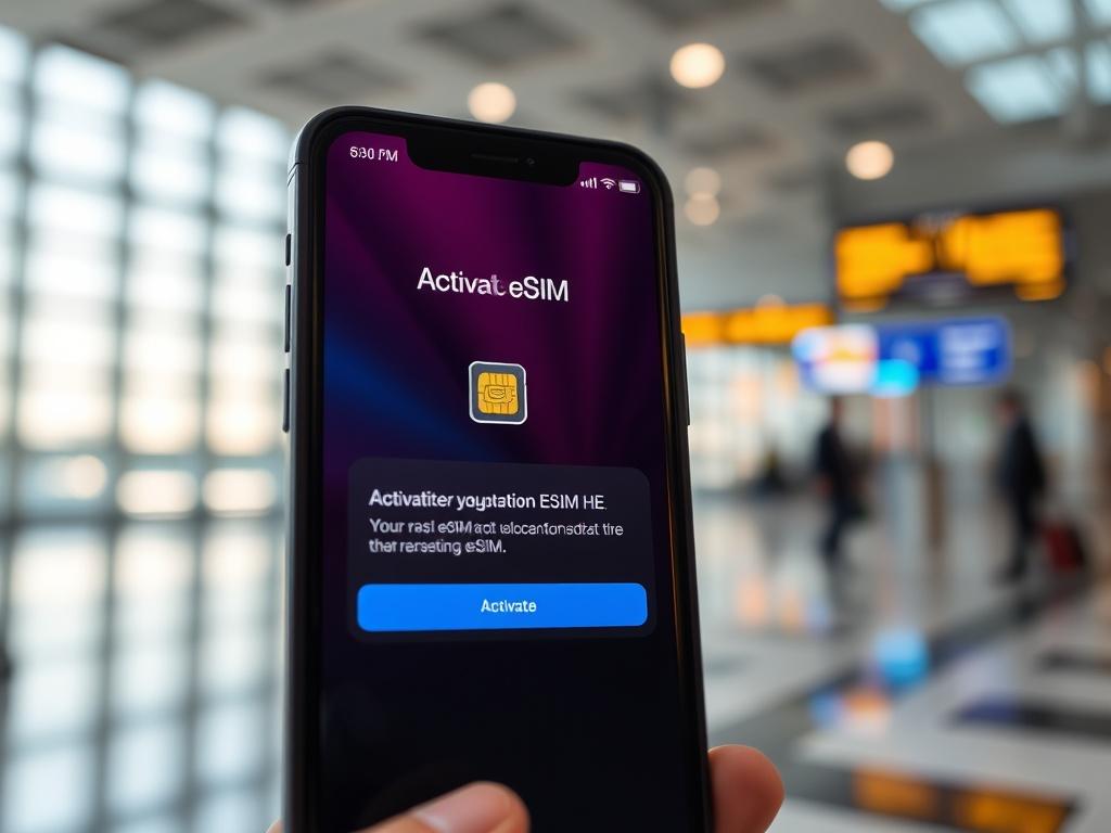 A realistic high-resolution close-up of a smartphone displaying a vibrant eSIM activation screen. The background features a blurred travel-related scene, such as a modern airport terminal or a scenic landscape, emphasizing connectivity and travel. Shot with a 45mm f/1.2 lens to create a sharp focus on the phone, showcasing the eSIM interface prominently.