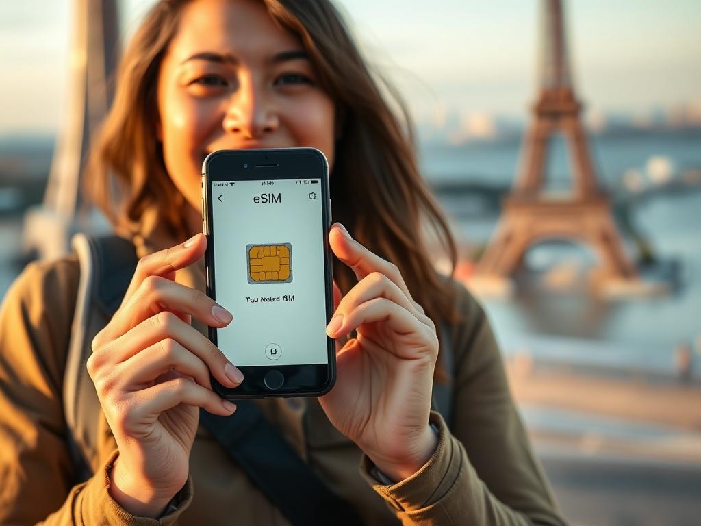 Create a realistic high-resolution photo featuring a smiling traveler holding a smartphone with an activated eSIM screen displayed prominently. The focus should be on the traveler, who is dressed in casual travel attire, with a backpack slung over one shoulder. The background should depict an iconic travel destination, like the Eiffel Tower or a scenic beach, blurred softly to draw attention to the subject while conveying a sense of adventure and exploration. The lighting should be natural and warm, evoking