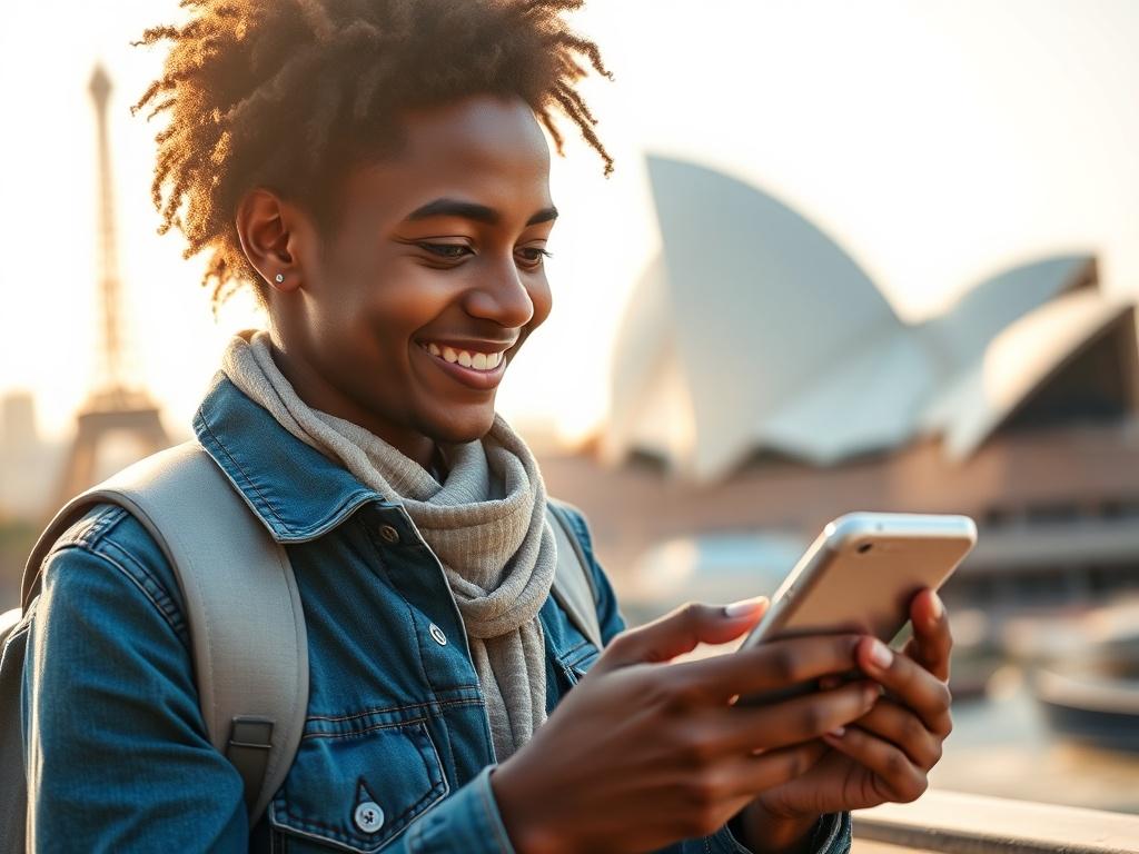 Create a realistic high-resolution photo that captures the essence of travel enhanced by eSIM technology. The image should feature a close-up shot of a traveler using their smartphone in an inspiring travel setting. The subject should be a person of mixed descent, smiling as they navigate their phone, highlighting the ease of connectivity. 

In the background, depict a blurred yet recognizable iconic landmark, such as the Eiffel Tower or the Sydney Opera House, to convey the international travel theme. The 