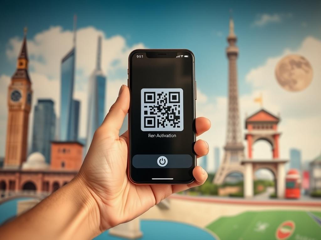 A close-up of a smartphone displaying a QR code for eSIM activation, with a blurred background of iconic landmarks from different countries. The smartphone is held in a person's hand, showing a sense of travel and connectivity.