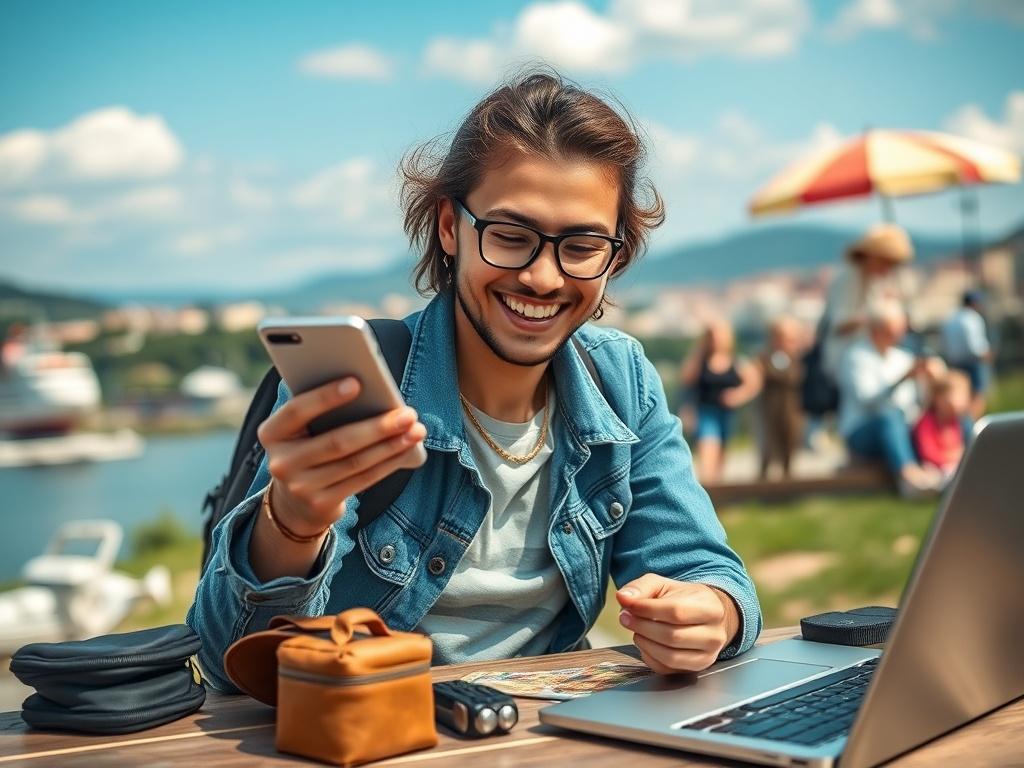 A close-up of a happy traveler using their smartphone at a scenic outdoor location, with a laptop and travel essentials nearby. The background features a vibrant travel scene, emphasizing connectivity.