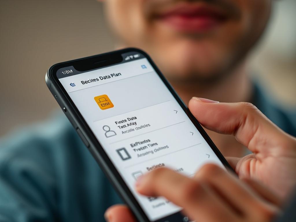 A close-up of a smartphone screen displaying various data plan options for eSIM, with a person considering their choice. The background is softly blurred, highlighting the decision-making process.