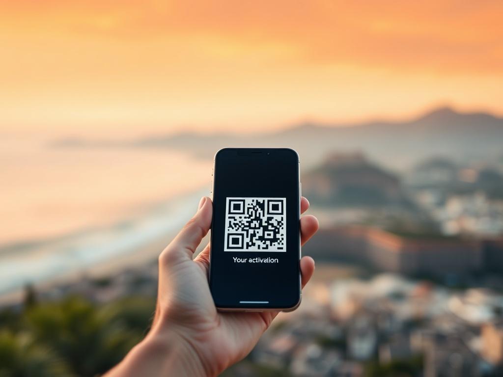 A realistic high-resolution photo of a smartphone displaying a QR code for eSIM activation. The smartphone should be positioned in the center of the image with a blurred background showing a scenic travel destination like a beach or mountain range. The focus should be sharp on the smartphone, highlighting the QR code, while the surrounding colors reflect a vibrant and inviting atmosphere.