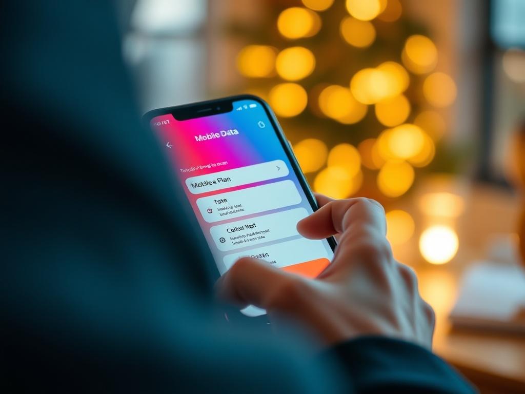A close-up shot of a person using a smartphone, selecting a mobile data plan on an app interface. The background is softly blurred, highlighting the phone's screen with vibrant colors. The scene is lit warmly, creating an inviting atmosphere.