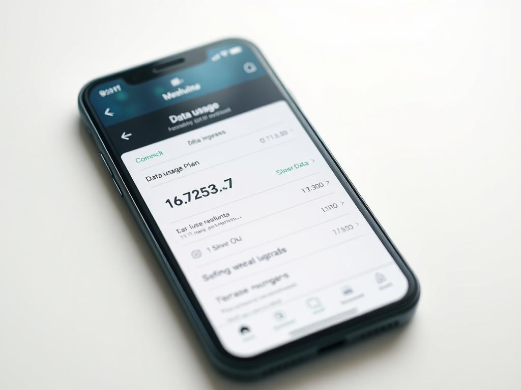 A close-up shot of a smartphone displaying a data usage management app. The screen shows data statistics and options to upgrade the plan. The background is softly blurred, emphasizing the app interface.