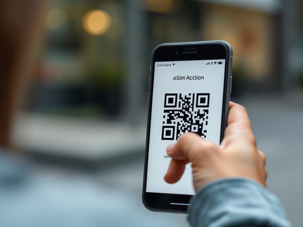 A close-up shot of a smartphone scanning a QR code for eSIM activation. The screen shows the activation process in progress. The background is slightly out of focus, emphasizing the action of scanning the QR code.