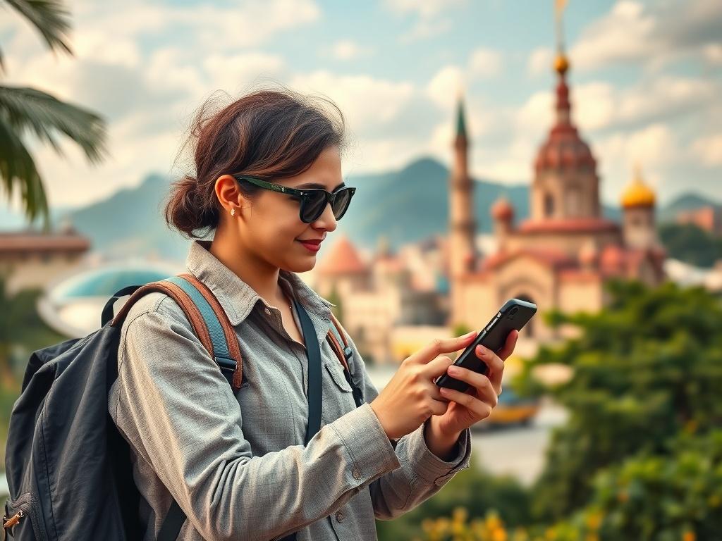 A realistic high-resolution photo showing a traveler using a smartphone in an exotic location, with a vibrant background of famous landmarks and nature, evoking a sense of adventure and connectivity. The traveler appears engaged, showcasing the use of mobile data while exploring.
