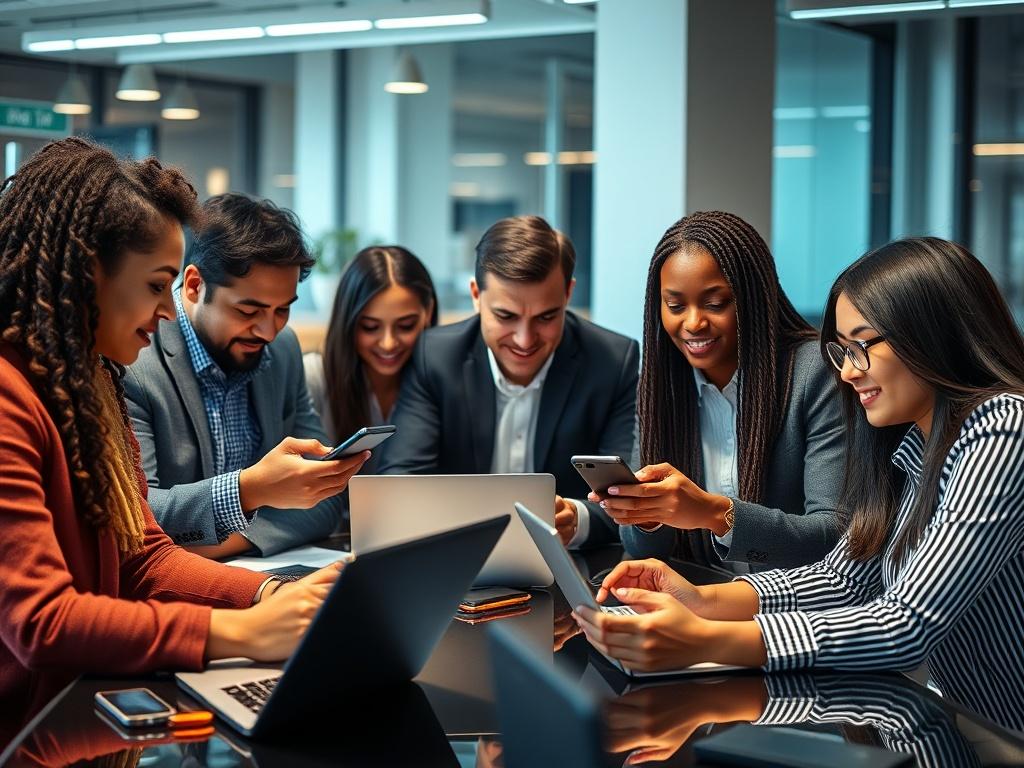 A realistic high-resolution photo of a diverse team in a modern office, collaborating over laptops and smartphones, highlighting the use of mobile data for business. The setting should reflect a professional environment, conveying efficiency and connectivity.
