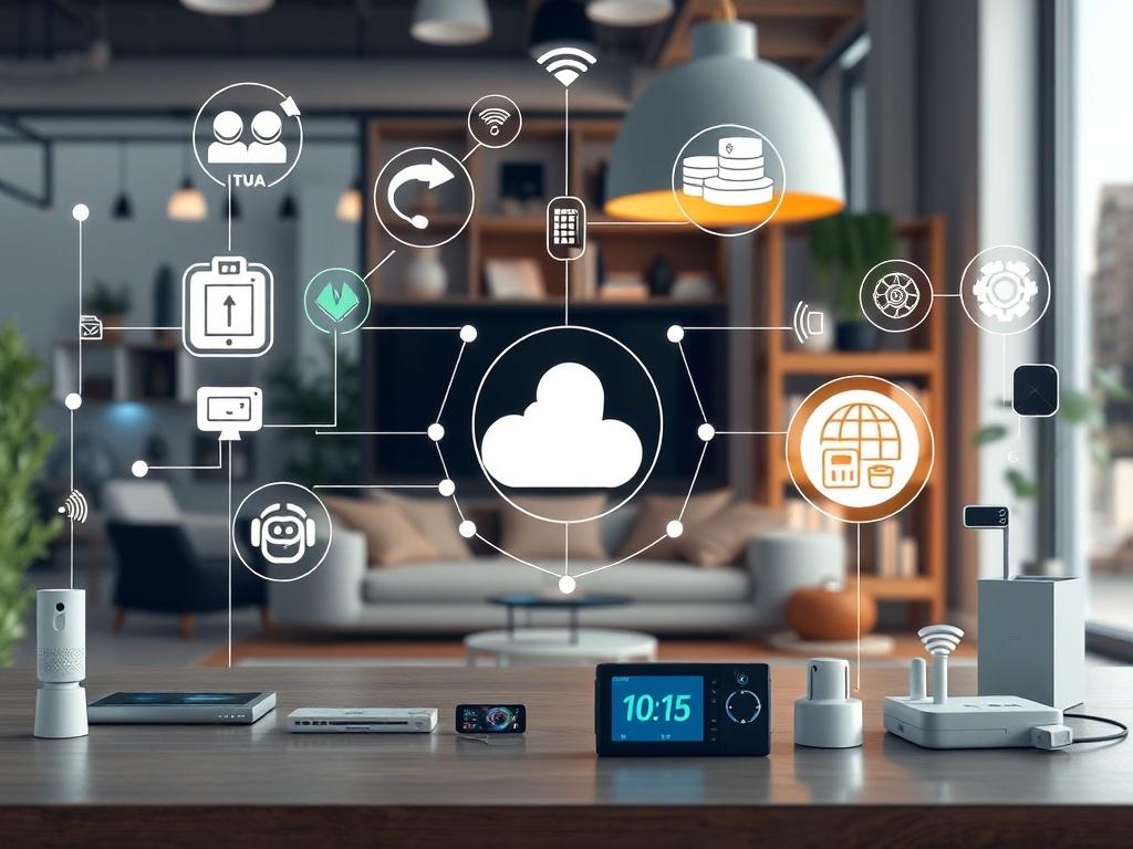 A realistic high-resolution photo depicting various IoT devices in action, such as smart home devices, wearables, and industrial sensors, all connected and functioning seamlessly. The setting should illustrate a modern, tech-savvy environment showcasing innovation and connectivity.