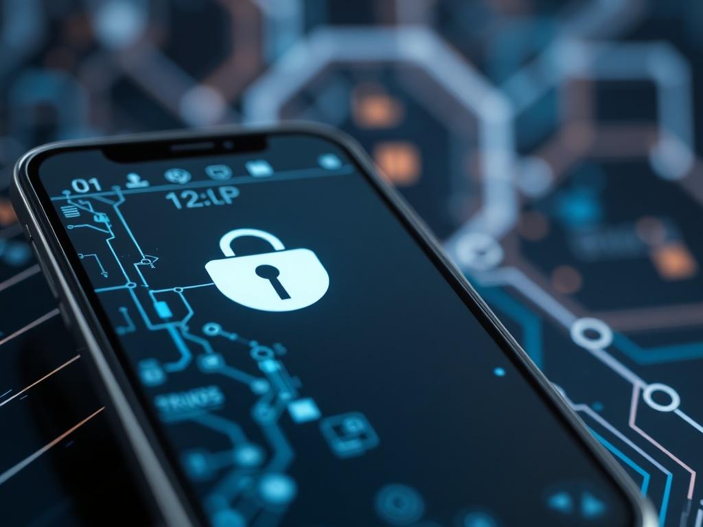 A close-up shot of a smartphone with a secure connection symbol on the screen, set against a sleek tech-themed background, representing safety and innovation.