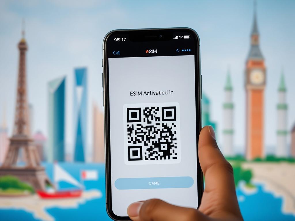 A close-up shot of a smartphone displaying a QR code for eSIM activation, with a blurred travel background featuring landmarks from different countries, representing global connectivity.