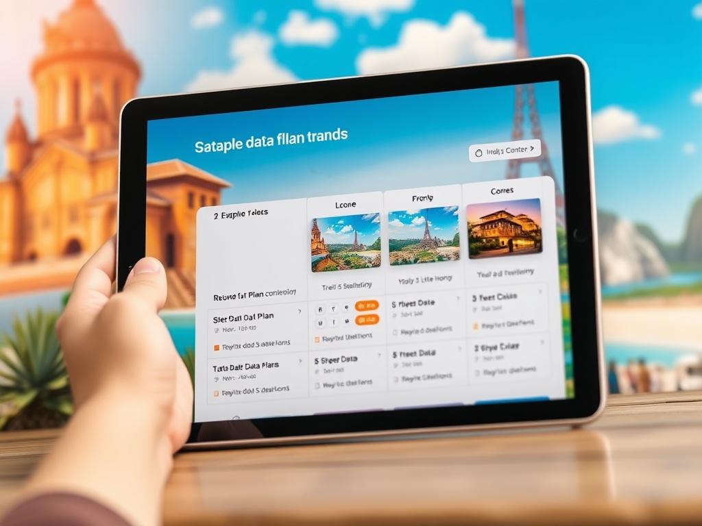 A close-up shot of a tablet displaying various data plan options, with a vibrant travel-themed background showing scenic landscapes, symbolizing flexibility and adventure.
