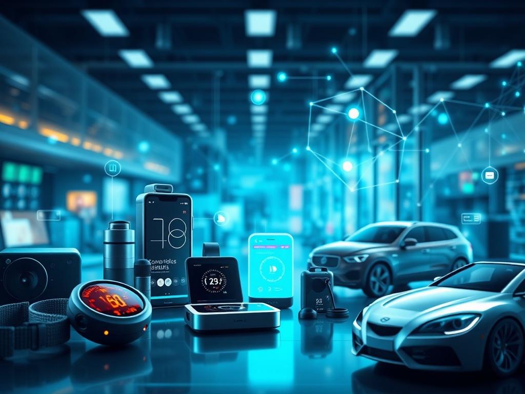 A high-resolution image featuring an array of IoT devices such as smartwatches, smart home devices, and connected vehicles. The background should be a sleek, modern tech environment, illustrating innovation and connectivity, with colors that complement rgb(29, 198, 181).