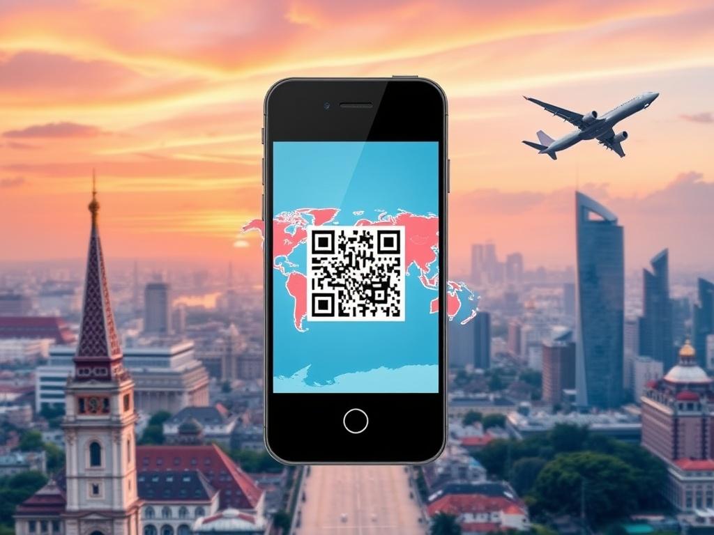 A high-resolution image featuring a smartphone displaying a world map with a QR code overlay. The background should be a vibrant travel scene, showcasing famous landmarks and an airplane in the sky. The color scheme should blend with the primary color rgb(29, 198, 181), creating a modern and appealing look.