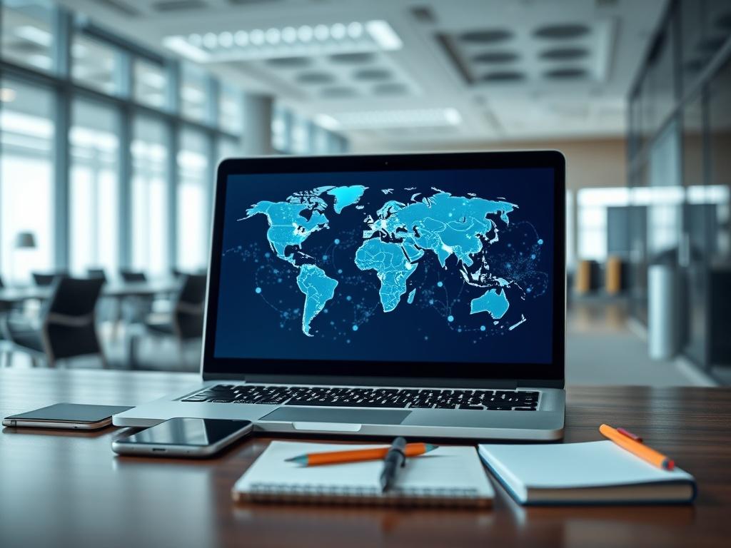 A high-resolution image depicting a professional setting with a laptop, smartphone, and a notepad. The laptop screen should show a world map with data connectivity icons. The background should be a modern office environment, emphasizing productivity and global connectivity, harmonizing with the primary color rgb(29, 198, 181).