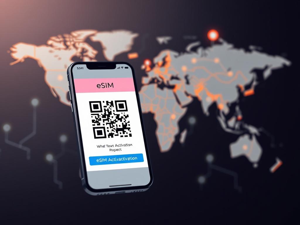 A smartphone displaying a QR code for eSIM activation, set against a backdrop of a world map with connectivity icons. The scene conveys a sense of global reach and digital convenience, emphasizing the theme of instant activation and modern technology.