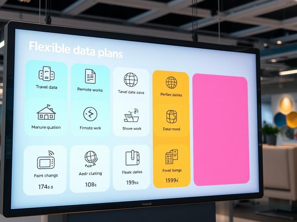 A digital display showcasing various flexible data plans with icons representing different data usage scenarios, such as travel, remote work, and business operations. The setting reflects a modern and user-friendly interface.