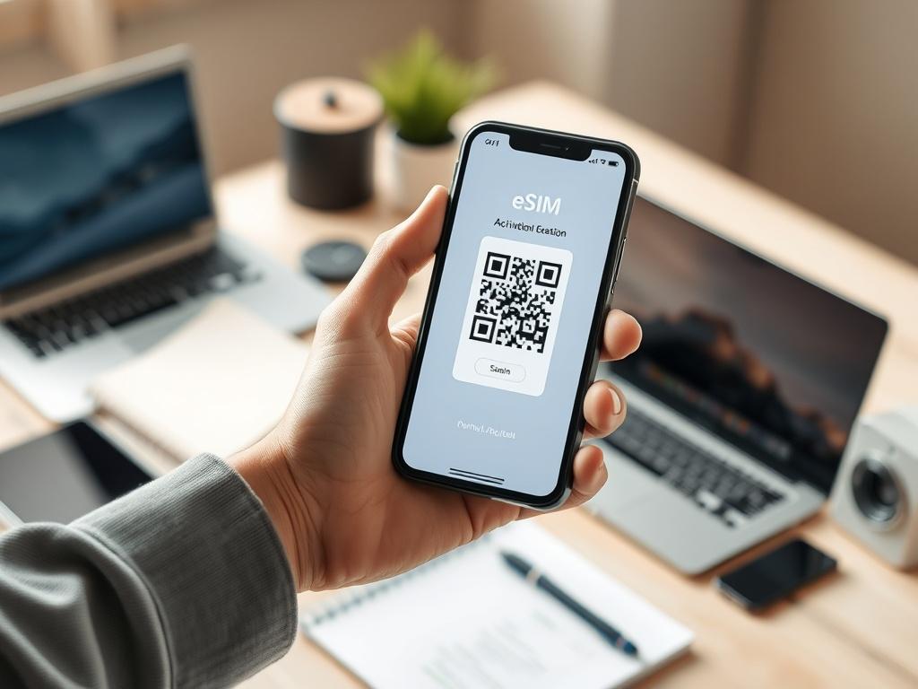 **AI Image Generation Prompt:**

Create a realistic high-resolution photo that visually represents the title "Understanding eSIM Technology: A Comprehensive Guide." The image should feature a single, detailed close-up of a smartphone displaying an eSIM activation screen, prominently featuring a QR code for scanning. The smartphone should be held in a person's hand to emphasize user interaction.

In the background, include a blurred out modern workspace with a laptop, notebook, and some electronic devices, s