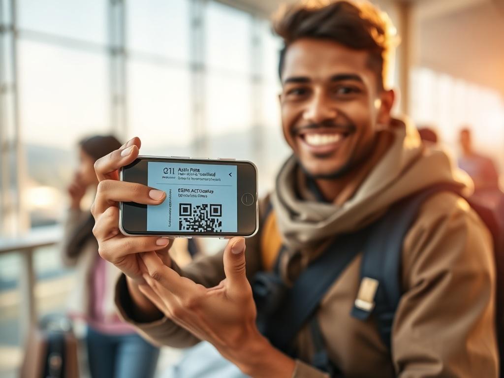 Create a hyper-realistic, high-resolution close-up photograph focused on a single subject: a young traveler holding a smart device (such as a smartphone or tablet) displaying an eSIM activation QR code. The subject should be a diverse individual, reflecting a global audience, with a look of excitement and satisfaction, embodying the ease of staying connected while traveling. 

In the background, depict a vibrant and international travel setting that suggests affordability and adventure, such as an airport t